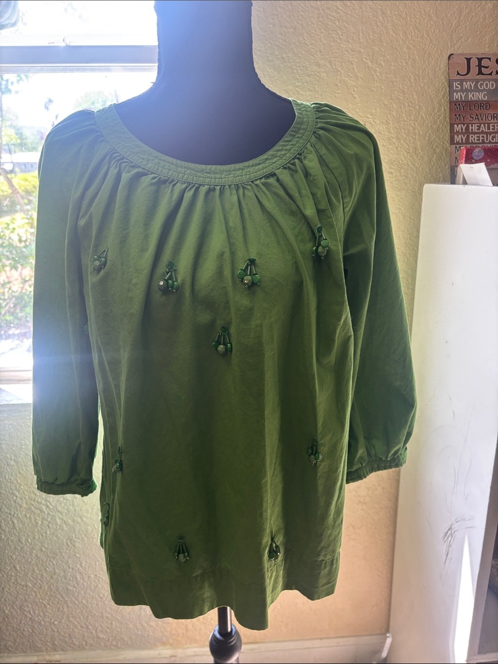 crown & ivy Olive Green Beaded Peasant Top  # 104